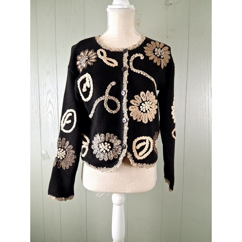 Sigrid Olsen Cardigan Sweater Womens XS Black Old Money Artsy‎ Quiet Luxury 90s